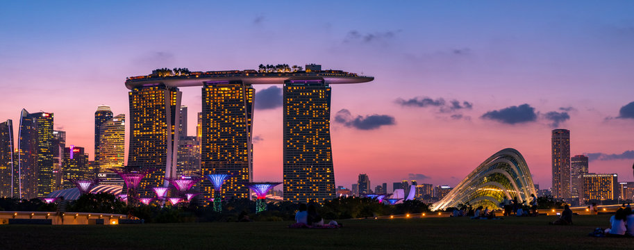2019 March 02 - Singapore, Marina Barrage, View of the city and buildings at dusk.