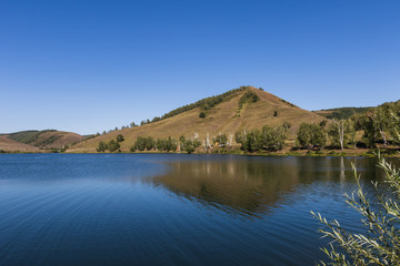 Fototapeta na wymiar blue lake among the mountains