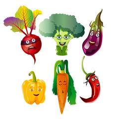 Funny collection of cartoon vegetables: beets, broccoli, eggplant, bell pepper, carrot, chili pepper, sketch vector graphic color illustration on white background.