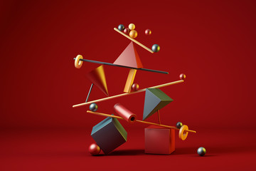 3D illustration of several colorful geometric figures placed forming a minimalist structure in balance that is about to fall. 3D rendering. Balance, imbalance, stability and instability concepts