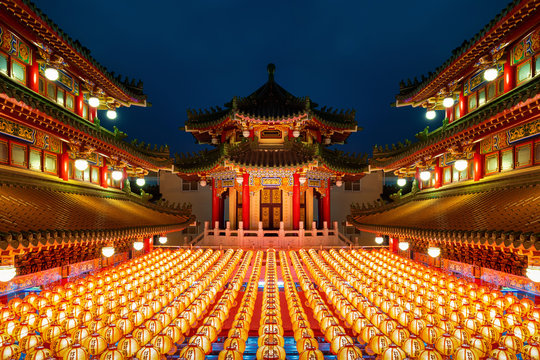 Chinese new year, Traditional Chinese lanterns display in Temple illuminated for Chinese new year festival.