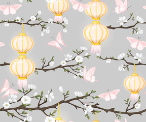 Seamless pattern with chinese lanterns, blooming magnolia and butterflies