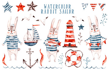 Hand painted watercolor illustration of a cute funny rabbits sailor in striped shirt. Nursery clipart with bunny and sea Isolated objects. Scandinavian naive style. Concept for boy t shirt print.