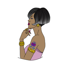 Vector illustration of a young woman with a flower tattoo on the forearm. Bob haircut. Bright lips and manicure, bracelets, ring and earrings. Luxurious girl in retro pop art comic style.