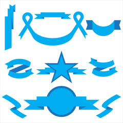 Blue Ribbon Set In Isolated For Celebration And Winner Award Banner White Background, Vector Illustration