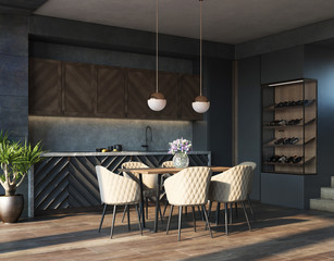 Kitchen interior in loft, industrial style, 3d render