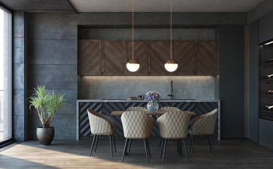 Kitchen interior in loft, industrial style, 3d render
