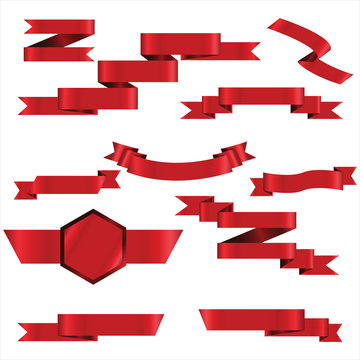 Red Ribbon Set In Isolated For Celebration And Winner Award Banner White Background, Vector Illustration