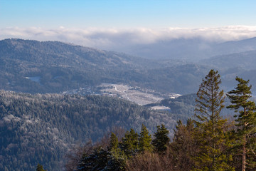 Beskid Sadecki Mountains in winter. View from Jaworzyna Krynicka, Poland.