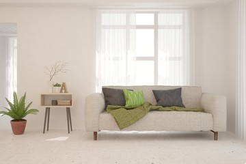 Stylish room in white color with sofa. Scandinavian interior design. 3D illustration
