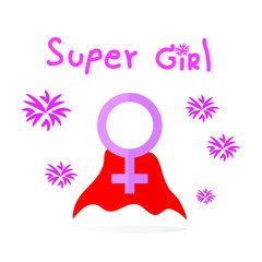 Pink sign of woman with red cover on white background. Super girl and power of woman concept.