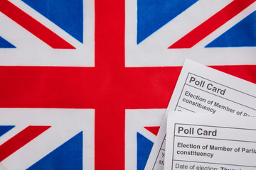 Polling vote Card for the UK General election on a Union Jack flag