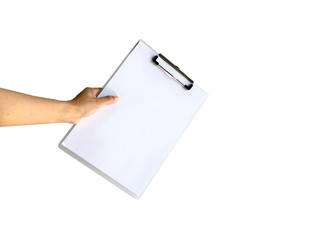 A hand giving a  blank clipboard.