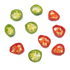 Fresh Green and red chili pepper with sliced isolated on white background, concept of vegetable ingredients in food.top view