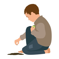 Poor Boy planting an apple seed in the ground. Isolated Vector Illustration on a white background