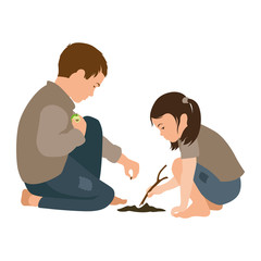 Poor Boy and Girl planting an apple seed in the ground. Friends. Isolated Vector Illustration on a white background