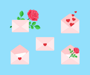 Valentines day. Set of diversity envelopes with hearts and roses