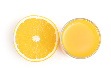 Glass of fresh orange juice with fruits sliced isolated on white background, top view, flat lay