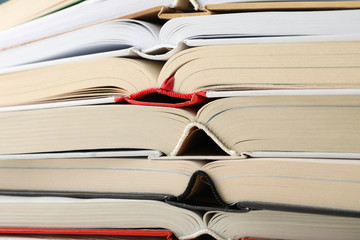 Stack of books on whole background, close up