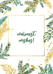 Modern rustic geometric Christmas long frame with watercolor pine branches, greenery and golden foliage on white background. Festive holiday border for card design. Winter forest theme.