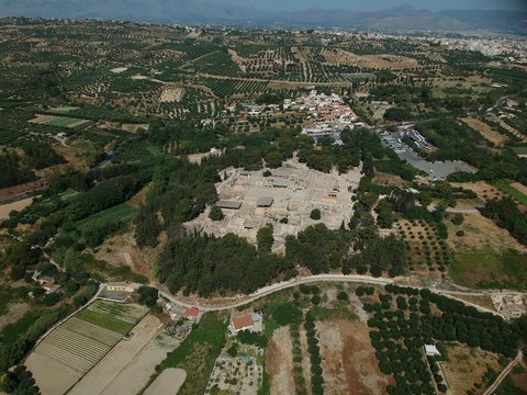 Casual aerial view on the Knossos temple ruins at summer sun day at Heraklion, Greece