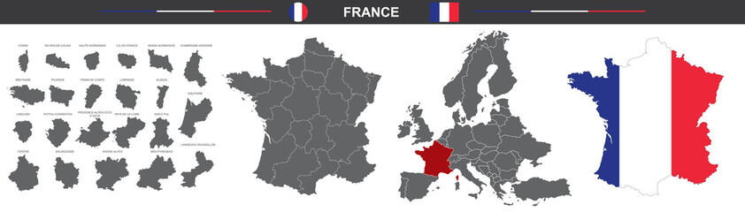 set of vector maps of France on white background