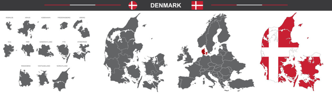 set of vector maps of Denmark on white background