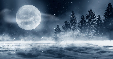 Naklejka na ściany i meble Dark winter forest background at night. Snow, fog, moonlight. Dark neon night background in the forest with moonlight. Neon figure in the center. Night view, magic.