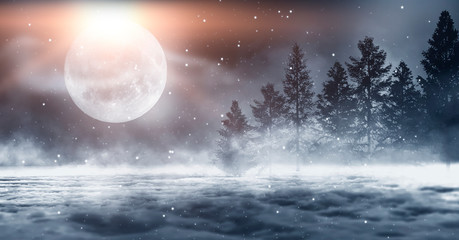 Dark winter forest background at night. Snow, fog, moonlight. Dark neon night background in the forest with moonlight. Neon figure in the center. Night view, magic.
