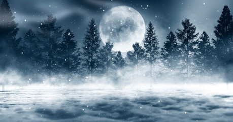 Dark winter forest background at night. Snow, fog, moonlight. Dark neon night background in the forest with moonlight. Neon figure in the center. Night view, magic.