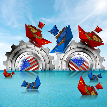 USA, China and Europe Union trade war Concept. US gears crush Chinese and European container ships, in a sea with sky and clouds, 3D illustration and photography