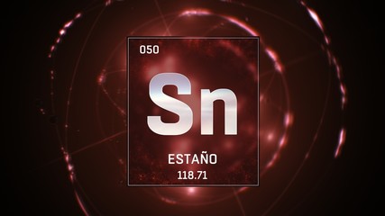 3D illustration of Tin as Element 50 of the Periodic Table. Red illuminated atom design background with orbiting electrons. Name, atomic weight, element number in Spanish language