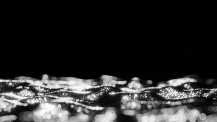 elegant waves of glitter twinkling lit by a bright light in front of a black background