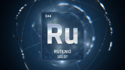 3D illustration of Ruthenium as Element 44 of the Periodic Table. Blue illuminated atom design background with orbiting electrons. Name, atomic weight, element number in Spanish language