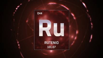 3D illustration of Ruthenium as Element 44 of the Periodic Table. Red illuminated atom design background with orbiting electrons. Name, atomic weight, element number in Spanish language