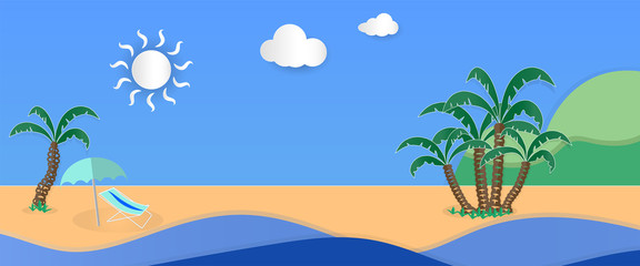 Fototapeta na wymiar Sea view and beach in summer with coconut tree of paper art style