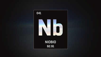 3D illustration of Niobium as Element 41 of the Periodic Table. Grey illuminated atom design background with orbiting electrons. Name, atomic weight, element number in Spanish language