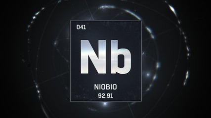 3D illustration of Niobium as Element 41 of the Periodic Table. Silver illuminated atom design background with orbiting electrons. Name, atomic weight, element number in Spanish language