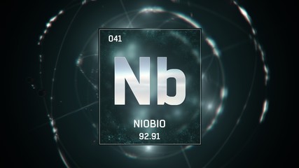 3D illustration of Niobium as Element 41 of the Periodic Table. Green illuminated atom design background with orbiting electrons. Name, atomic weight, element number in Spanish language