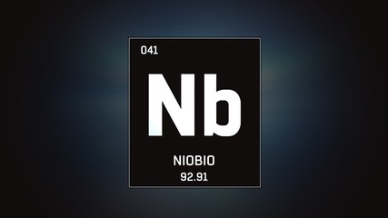 3D illustration of Niobium as Element 41 of the Periodic Table. Grey illuminated atom design background with orbiting electrons. Name, atomic weight, element number in Spanish language