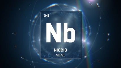 3D illustration of Niobium as Element 41 of the Periodic Table. Blue illuminated atom design background with orbiting electrons. Name, atomic weight, element number in Spanish language