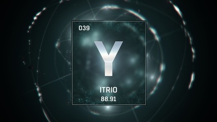 3D illustration of Yttrium as Element 39 of the Periodic Table. Green illuminated atom design background with orbiting electrons. Name, atomic weight, element number in Spanish language