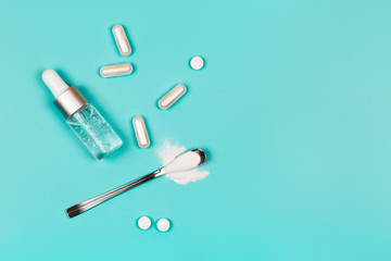 Different types of collagen. Powder, capsules, tablets and fluid.