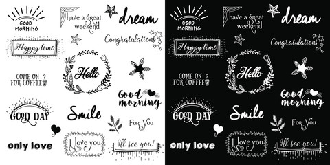 Vector set of inscriptions about love, words of motivation and wishes. Vector lettering. Vector doodles - frames, arrows, flowers, hearts, stars.