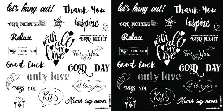 Fototapeta Vector set of inscriptions about love, words of motivation and wishes. Vector lettering. Vector doodles - frames, arrows, flowers, hearts, stars.