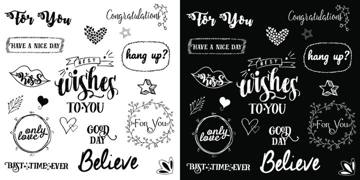 Fototapeta Vector set of inscriptions about love, words of motivation and wishes. Vector lettering. Vector doodles - frames, arrows, flowers, hearts, stars.