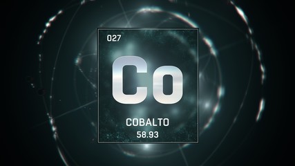 3D illustration of Cobalt as Element 27 of the Periodic Table. Green illuminated atom design background with orbiting electrons. Name, atomic weight, element number in Spanish language