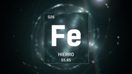 3D illustration of Iron as Element 26 of the Periodic Table. Green illuminated atom design background with orbiting electrons. Name, atomic weight, element number in Spanish language
