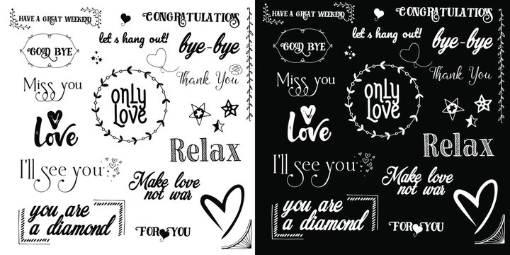 Fototapeta Vector set of inscriptions about love, words of motivation and wishes. Vector lettering. Vector doodles - frames, arrows, flowers, hearts, stars.