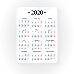 White pocket vector calendar 2020 year. Minimal business simple clean design. Classic grid, week starts from monday.